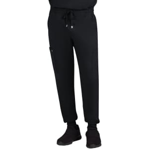 A pair of black joggers with a drawstring waist and side cargo pockets. Suitable for casual or active wear.