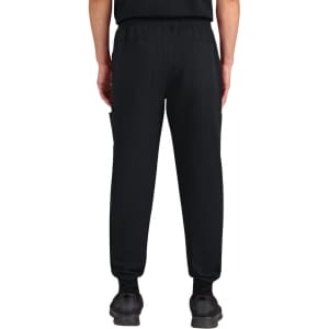 Black jogger pants featuring a rear view with pockets and elasticised waistband. Includes a logo on the garment.