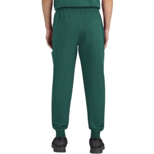 A pair of green jogger pants featuring two back pockets and a comfortable waistband, with a logo on the garment.