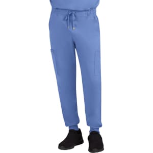 A pair of light blue jogger pants with side pockets, featuring an elastic waistband and cuffs.