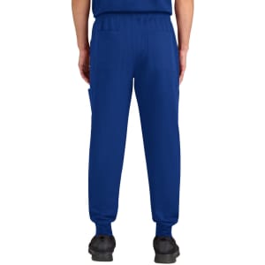 A pair of men's joggers in navy blue, featuring pockets and elasticated cuffs, viewed from the back.