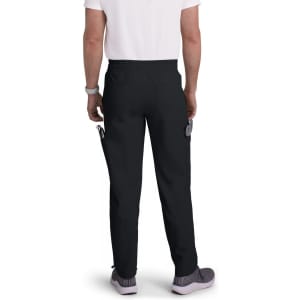 A pair of black cargo pants viewed from the back, featuring pockets and an elastic waistband.