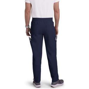 Navy cargo pants with a relaxed fit, featuring side pockets and a waistband, worn by a person from the back.