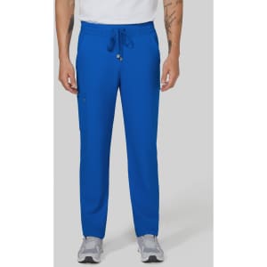 A pair of blue cargo pants featuring pockets and an adjustable waistband, displayed on a standing model.