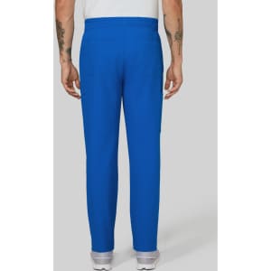 Blue cargo pants with an elastic waistband, featuring side pockets and a plain design on the back view.