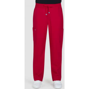 Red cargo pants with side pockets and a drawstring waistband, featuring a logo on the front.