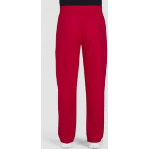 Red cargo pants featuring side pockets and an elastic waistband, displayed from the back view. Includes a small logo.