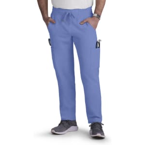 Light blue cargo pants with an elastic waistband and side pockets, displayed on a model. The model wears grey shoes.
