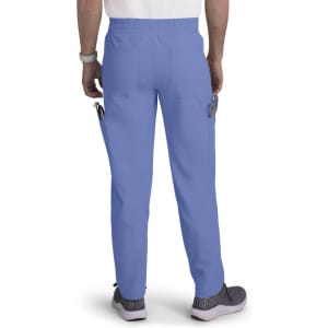 A pair of light blue cargo pants with multiple pockets, shown from the back. Features an elastic waistband and logos.