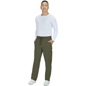 A man wearing olive green cargo pants paired with a white long-sleeved shirt, standing against a plain background.
