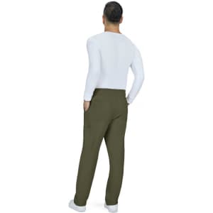 A person wearing olive green Neuro Cargo Pants and a white long-sleeve top, viewed from the back.