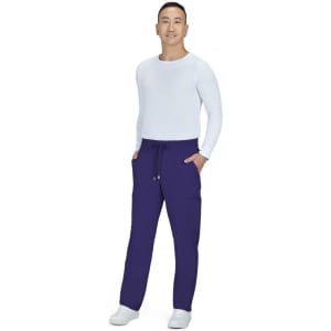 A model wearing purple Neuro Cargo Pants with a white long-sleeve shirt and white shoes, standing on a plain background.