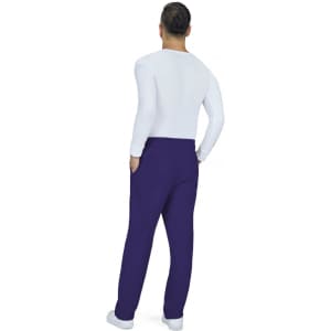 A pair of purple cargo pants displayed on a model from a rear view, paired with a white long-sleeve top.