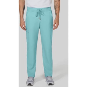 A pair of turquoise cargo pants with an elastic waistband and multiple pockets, worn by a man.