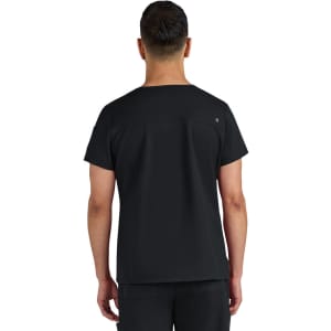 A black medical scrub top featuring a plain back design and a small logo on the neckline.