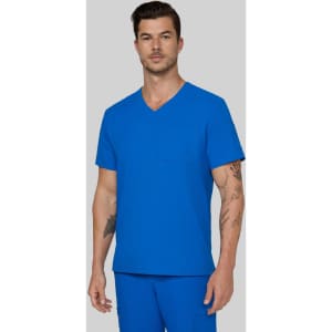 A man wearing a bright blue V-neck scrubs top with a pocket, paired with blue scrub pants.
