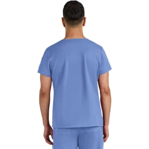 A blue medical scrub top with short sleeves, featuring a simple design and a logo on the back.