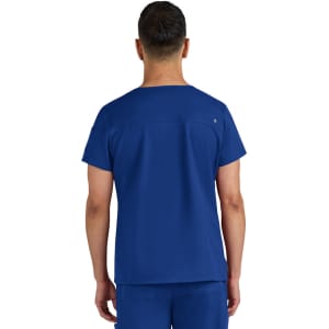 A blue medical scrub top with a straight neckline and short sleeves, featuring a logo on the back.