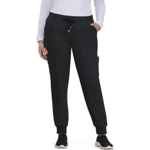 Black jogger pants with pockets and a drawstring waist, featuring bright orange and green accents.