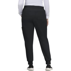 A pair of black jogger pants with elastic cuffs, featuring pockets and a relaxed fit. Brand logo visible.