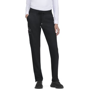 Black jogger pants with pockets, featuring an elastic waistband and a subtle logo on the side. Suitable for casual wear.