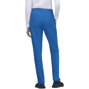 A pair of blue pants with a straight fit and back pockets, displayed from the rear. Features branding.