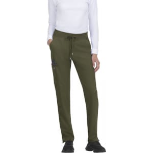A women's pant in olive green with a drawstring waist and side pockets, featuring a logo on one side.