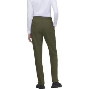 A pair of olive green pants with a fitted design, featuring pockets on the back and worn with a white top.