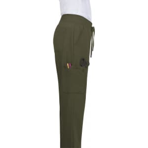 Atria Pant in olive green with pockets and drawstring waist. Features a logo on the side.