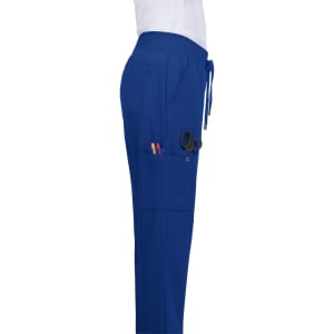 Blue Atria Pant with pockets, featuring scissors and pens, displayed on a mannequin side view.，包括 logo.