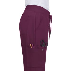 Atria Pant in deep burgundy featuring pockets for tools and a drawstring waist. Includes a logo on the waistband.