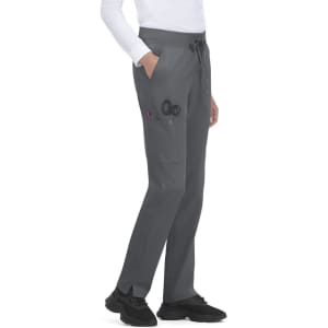 A pair of grey pants with pockets, featuring a drawstring waist and a logo. Suitable for professional use.