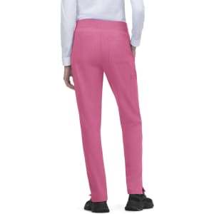 A pair of pink pants with a slim fit, featuring pockets and a casual style. Includes a logo on the waistband.