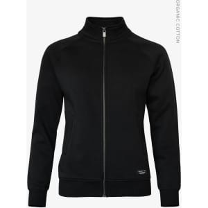 A black women's jacket with a zip front, featuring a stand-up collar and a logo on the lower front.