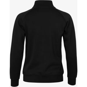 A black jacket featuring a high collar and raglan sleeves, with a branding logo on the back.