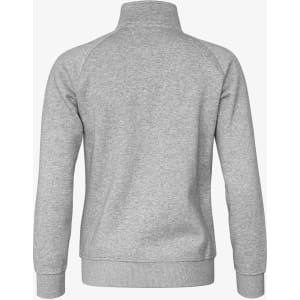 A grey jacket with a stand-up collar and long sleeves, featuring a logo on the back.
