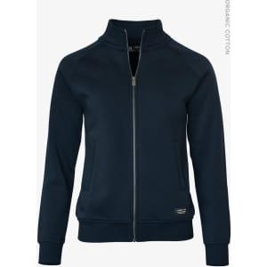 A navy jacket with a zippered front, stand-up collar, and fitted cuffs. It features a logo on the hem.