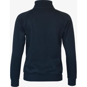 A navy blue jacket with a high collar and long sleeves, featuring a logo on the back.