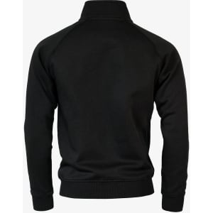 A black jacket with a high collar and raglan sleeves, featuring a plain design and a logo on the back.