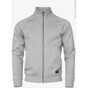 A grey zip-up jacket with a high collar and a logo on the side. Made from organic cotton.
