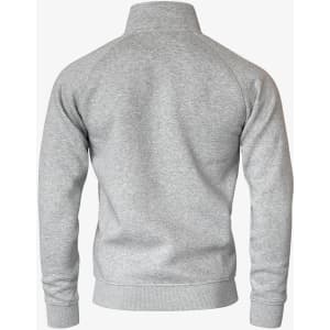A grey jacket with a high collar and ribbed cuffs, featuring a back view. It has a simple design and includes a logo.