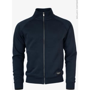 A navy men's jacket with a zip front, zip pockets, and a logo on the hem, made from organic cotton.