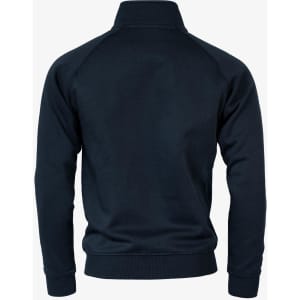 A navy blue men's jacket featuring a high collar and long sleeves, showcasing a simple design with a logo.