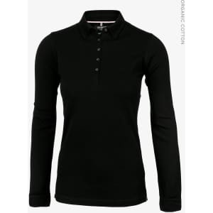 A black long-sleeved polo shirt for women, featuring a collar and a buttoned placket. Includes a logo on the design.