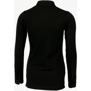 A black women's polo shirt featuring long sleeves and a simple design, with a branding logo on the back.