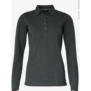 A women's long-sleeve polo shirt in dark grey, featuring a collar and front buttons, with branding present.