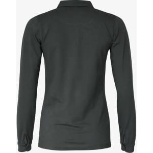 A dark grey women's polo shirt featuring long sleeves and a collar, with a logo on it.