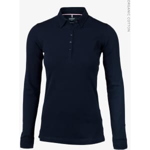 A navy long-sleeved polo shirt for women, featuring a collar and buttons, with a logo.