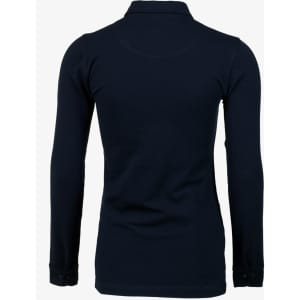 A navy blue women's polo shirt featuring long sleeves and a collar, with a logo on the back.