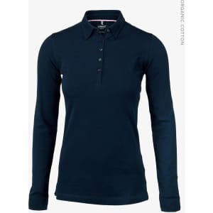 A long-sleeved polo shirt in navy blue, featuring a collar and button-up front. It includes a logo.